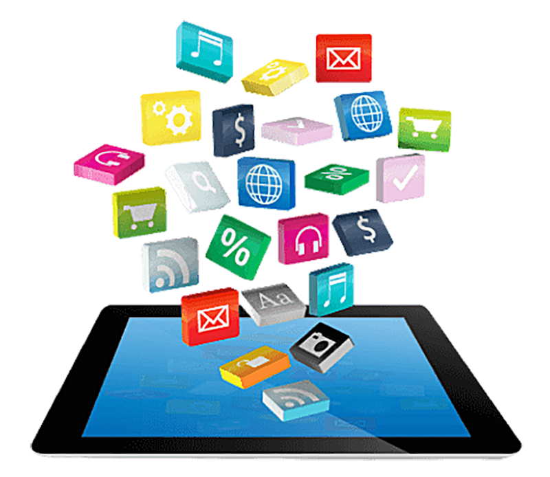 image of tablet with various media icons floating out