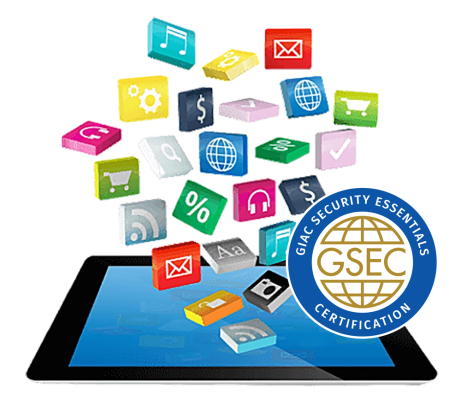 Image of tablet with GSEC logo and various media icons floating out.