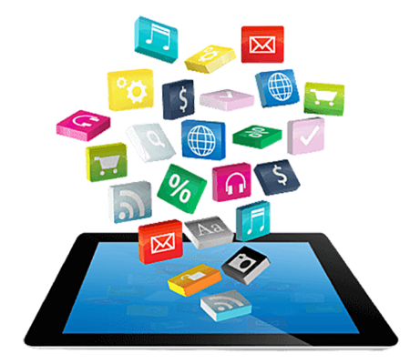 image of tablet with various media icons floating out
