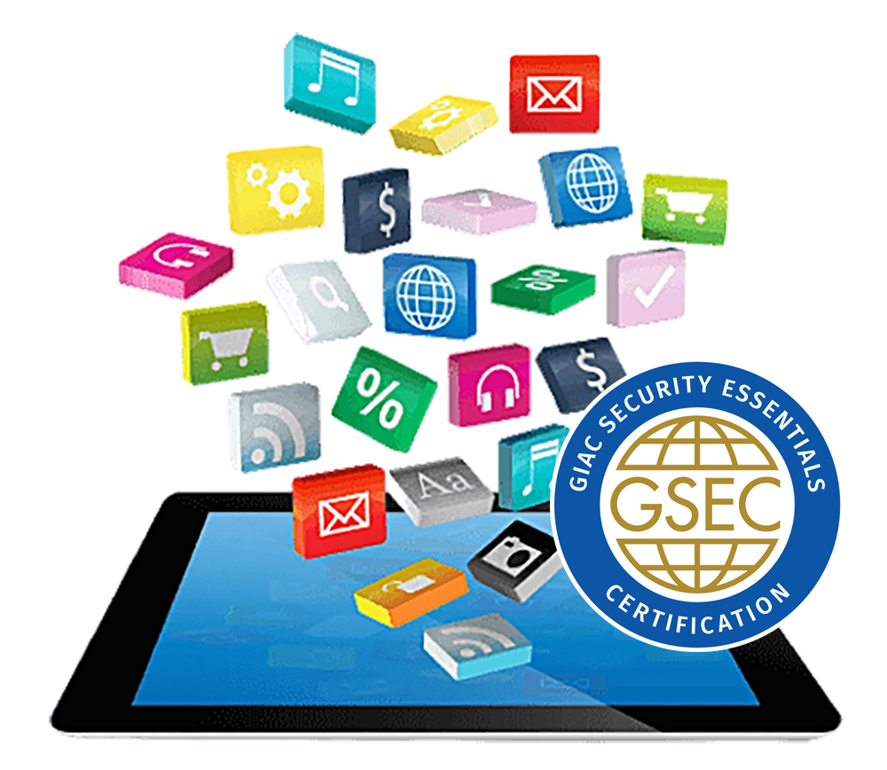 Image of tablet with GSEC logo and various media icons floating out.